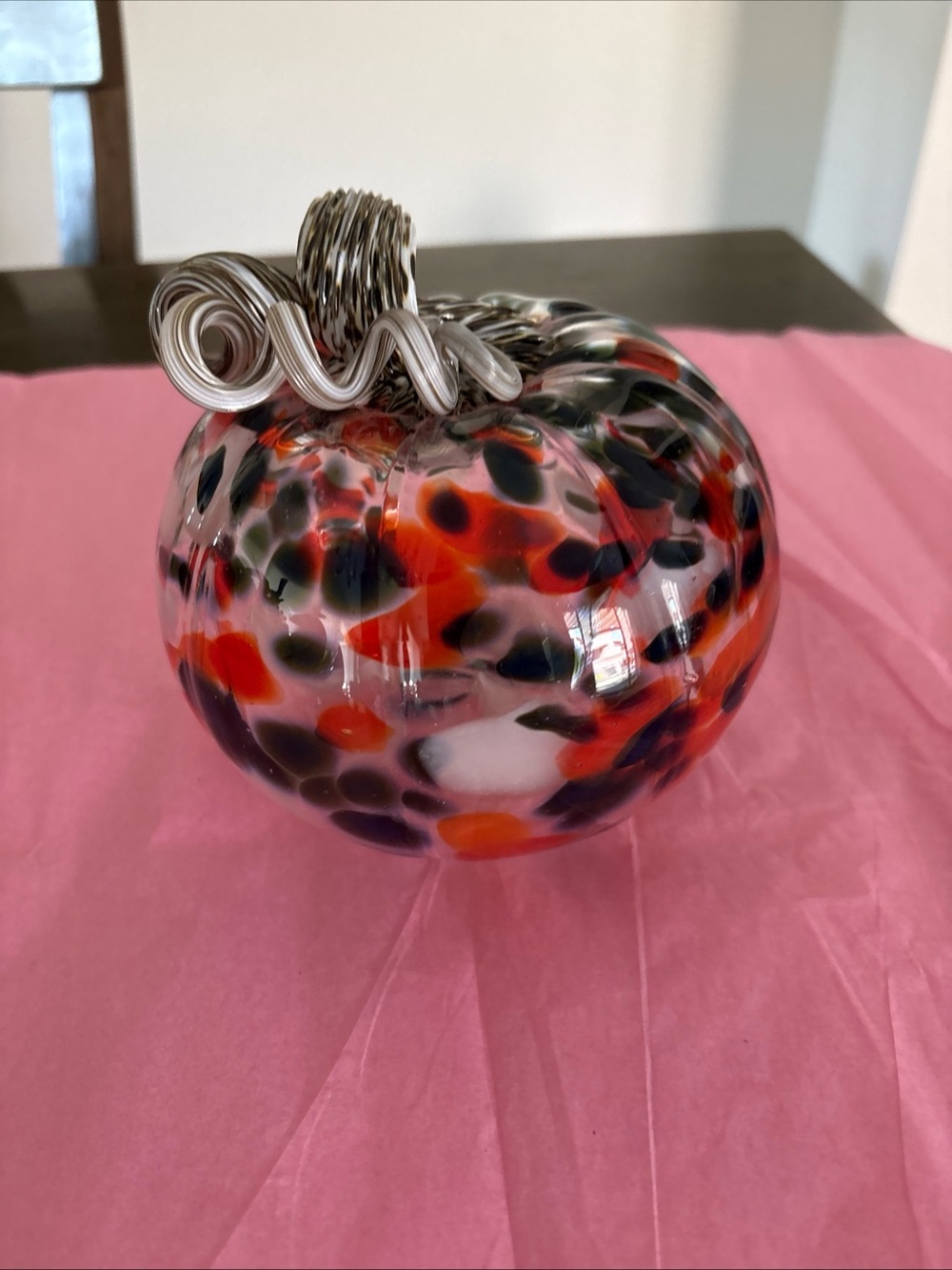 Handblown Glass Clear With Orange Black White Spots Pumpkin